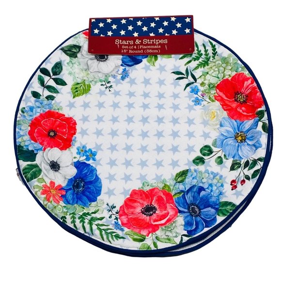 Stars & Stripes Americana Patriotic 4th of July Floral Round Placemats Set of 4 - Picture 1 of 1
